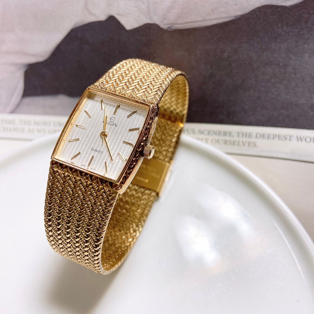 【西洋古董饰品】1960附原厂盒 ELGIN 可调整石英正常运作 手表 - 女表 - 贵金属 金色