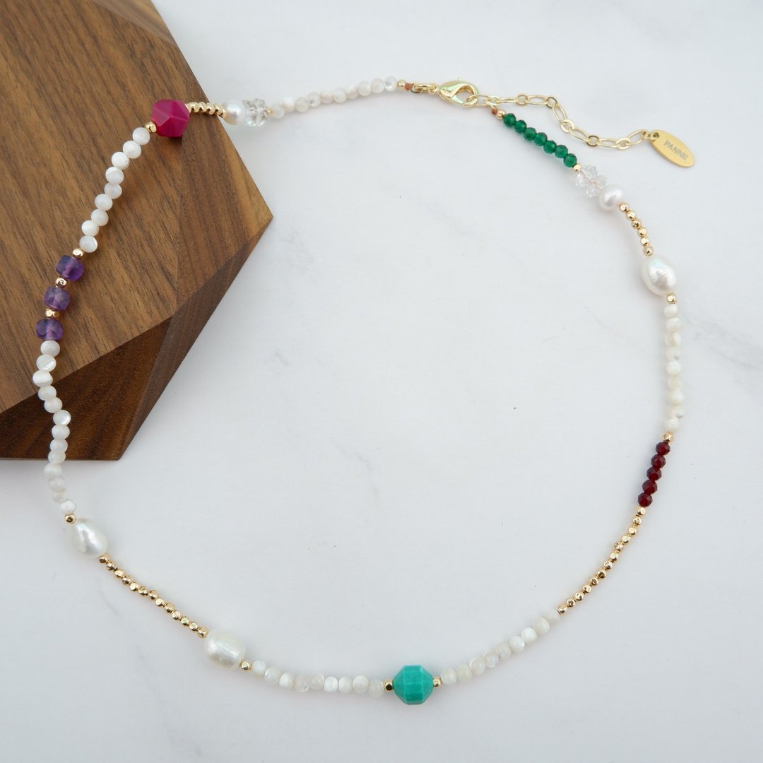 Freshwater Pearl and  round stone  Short Necklace - 项链 - 石头 多色