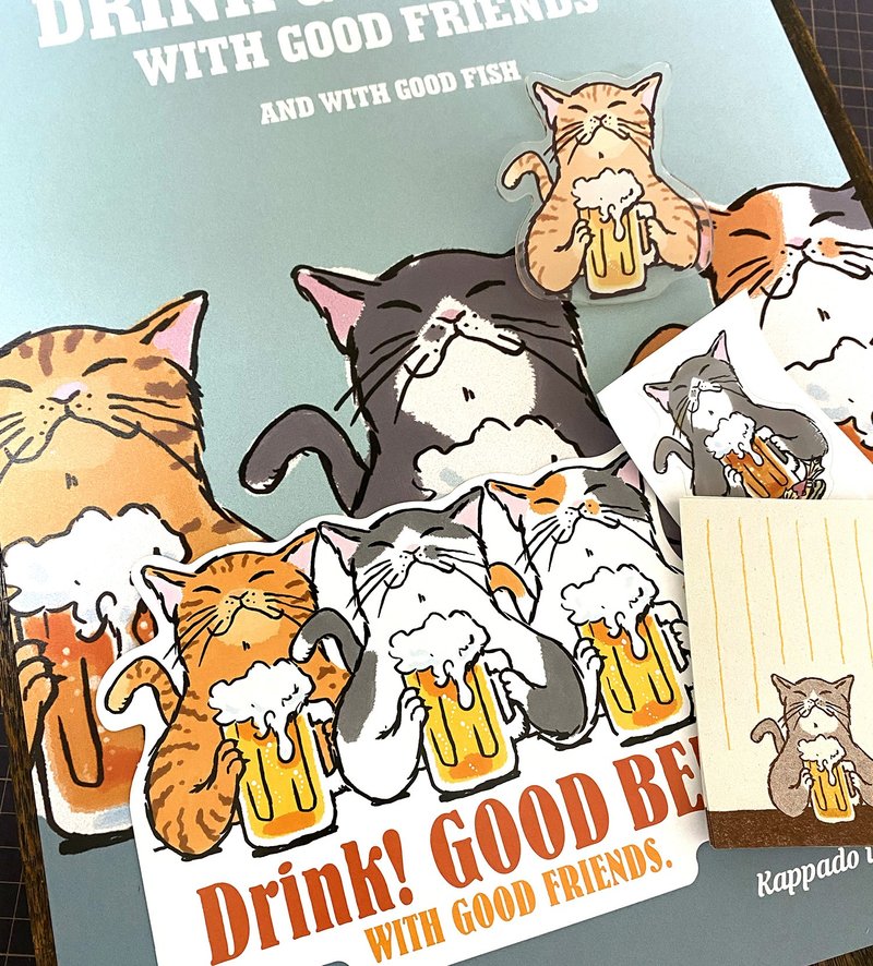 限定组合：猫咪喝啤酒 - 贴纸 - 纸 蓝色