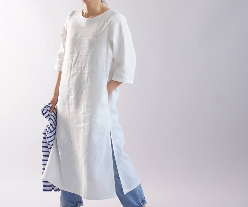 wafu - 純亞麻洋裝 Midweight Linen Slit Dress / White a032f-wht2 - 洋装/连衣裙 - 亚麻 白色