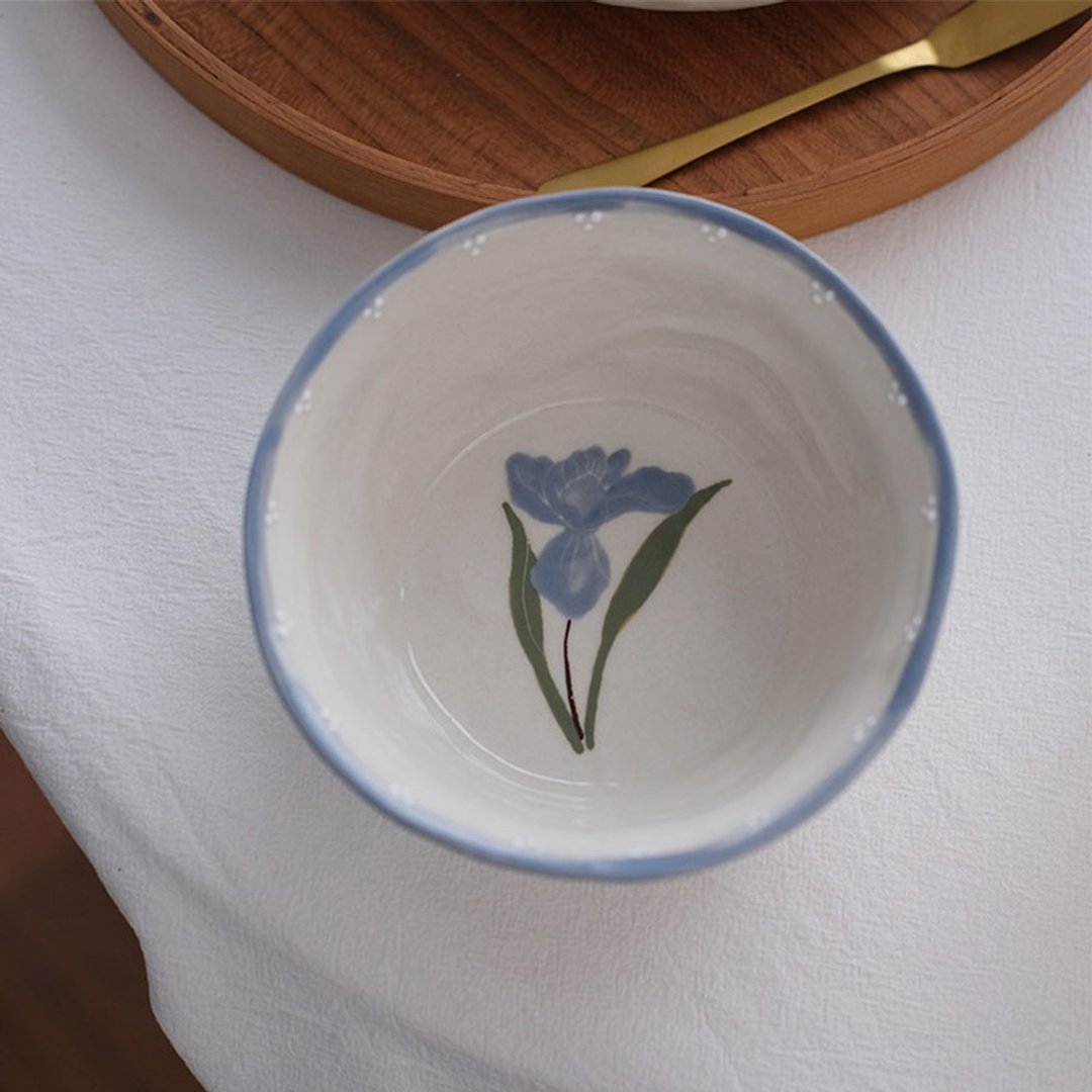 日式鳶尾花手捏碗 / 高顏值陶瓷甜品碗 / 家用水果碗 - 碗 - 瓷 蓝色