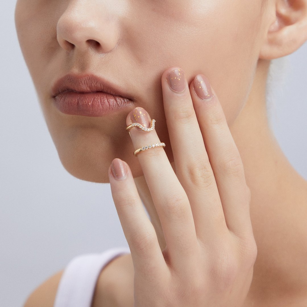 波浪宝石指尖戒 925银厚镀18K金 Onda Diamond Nail Ring - 其他 - 纯银 金色