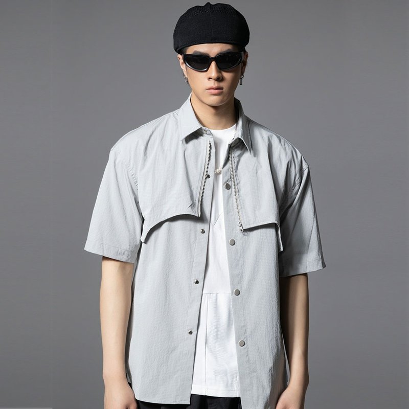 品立假两件拼接短袖衬衫  男士夏季工装休闲衬衣 - 男装衬衫 - 其他材质 黑色