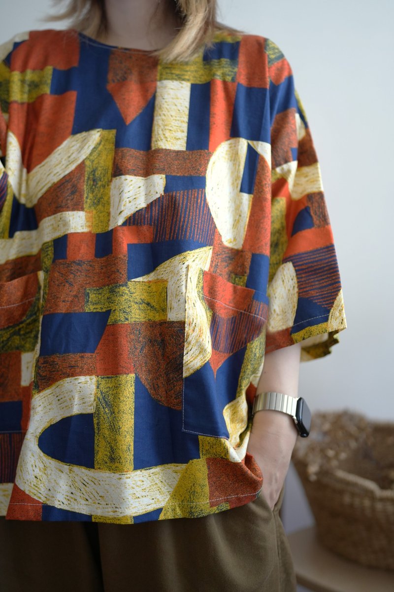 砖红浓蓝画笔有袖四方衣 - 女装上衣 - 棉．麻 多色