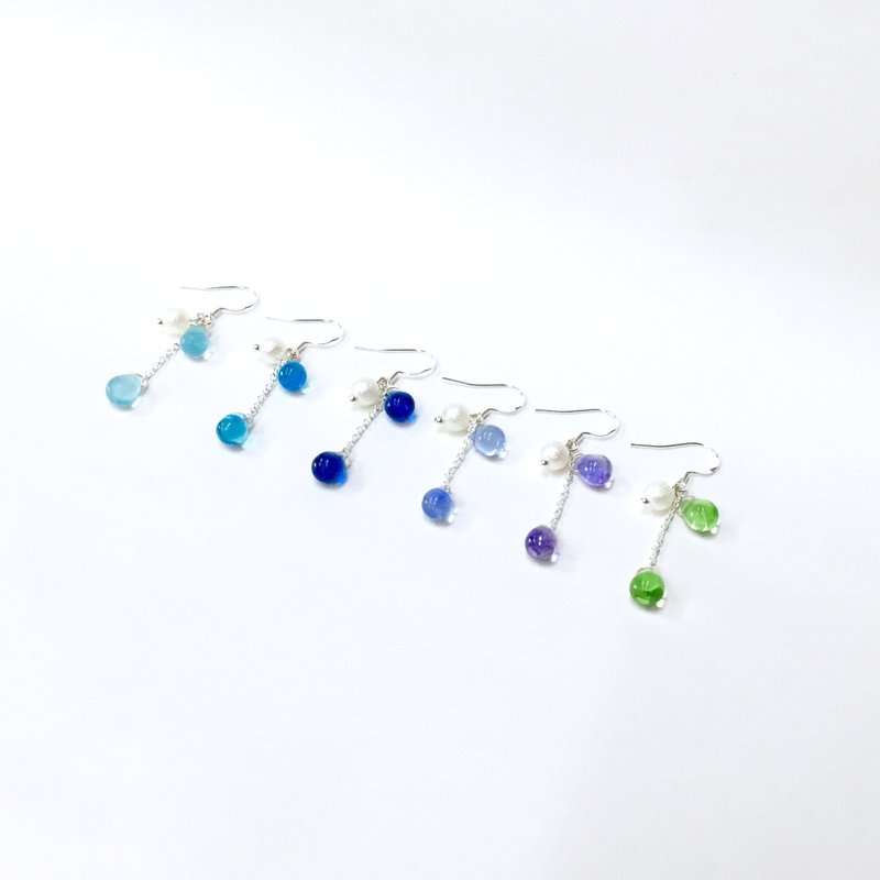 【若桑】人鱼之泪。糖珍珠x捷克水滴。 垂链耳环/耳饰/耳鈎/耳夹 - 耳环/耳夹 - 玻璃 蓝色