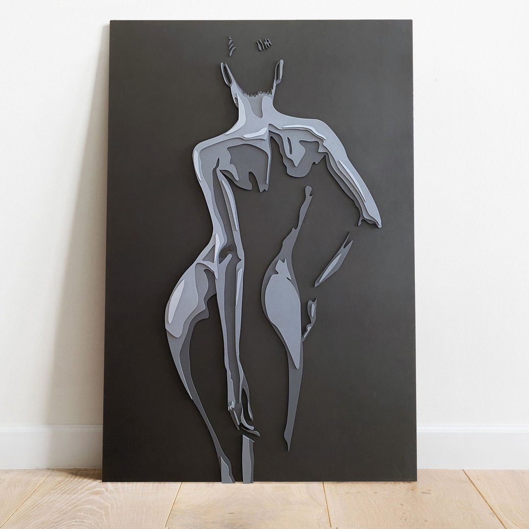 描绘女性剪影的绘画。 现代绘画。 极简主义的家居装饰。 木墙艺 - 墙贴/壁贴 - 木头 黑色