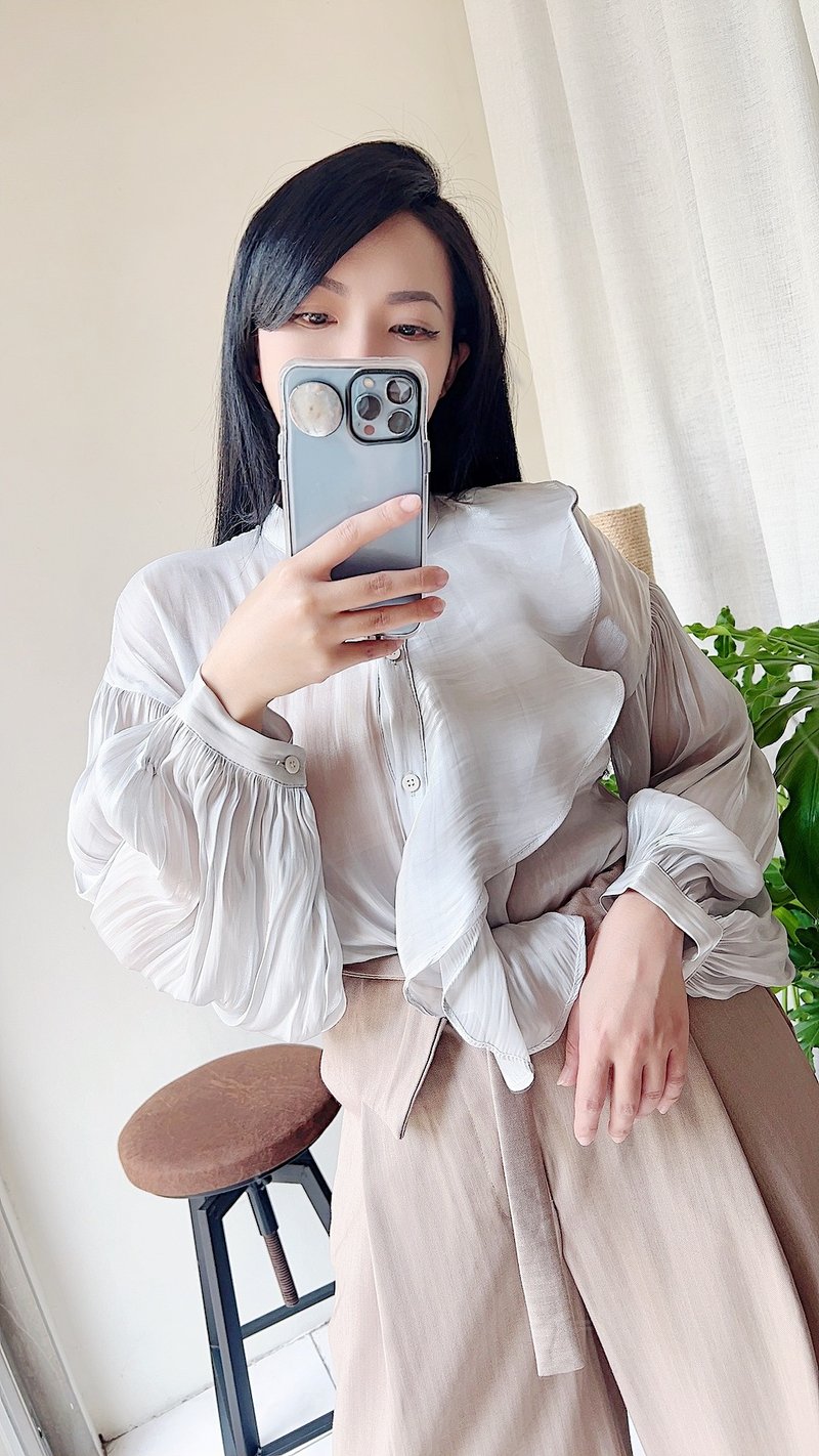 灰蓝绿细压折光泽 雪纺纱透肤薄料衬衫上衣罩衫shirt vintage古着 - 女装衬衫 - 聚酯纤维 蓝色