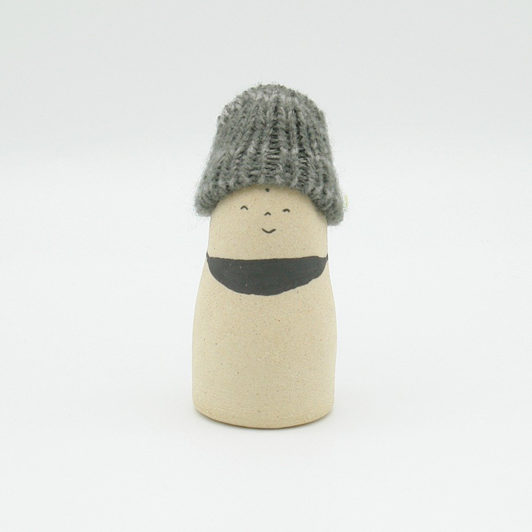 Handmade ceramic doll Jizo wearing a knit hat S size - 摆饰 - 陶 卡其色