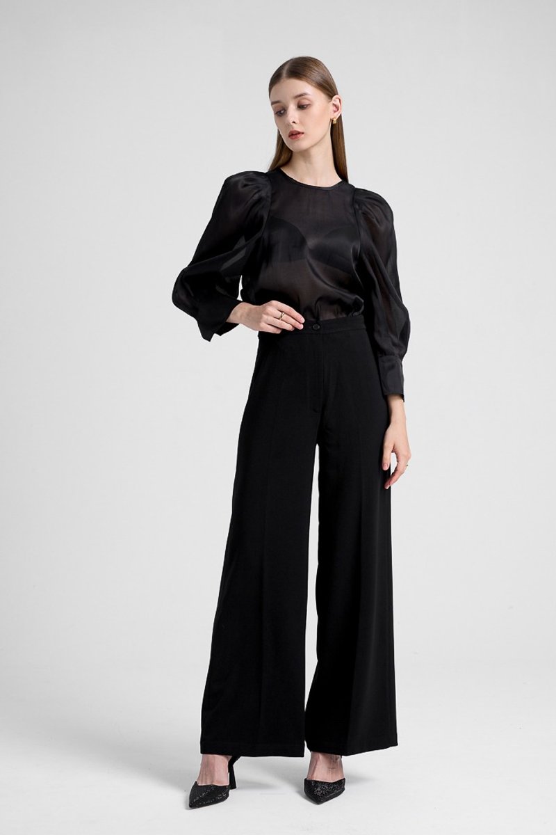 微透肤丝质光泽澎袖上衣 - 黑 - 女装上衣 - 棉．麻 黑色