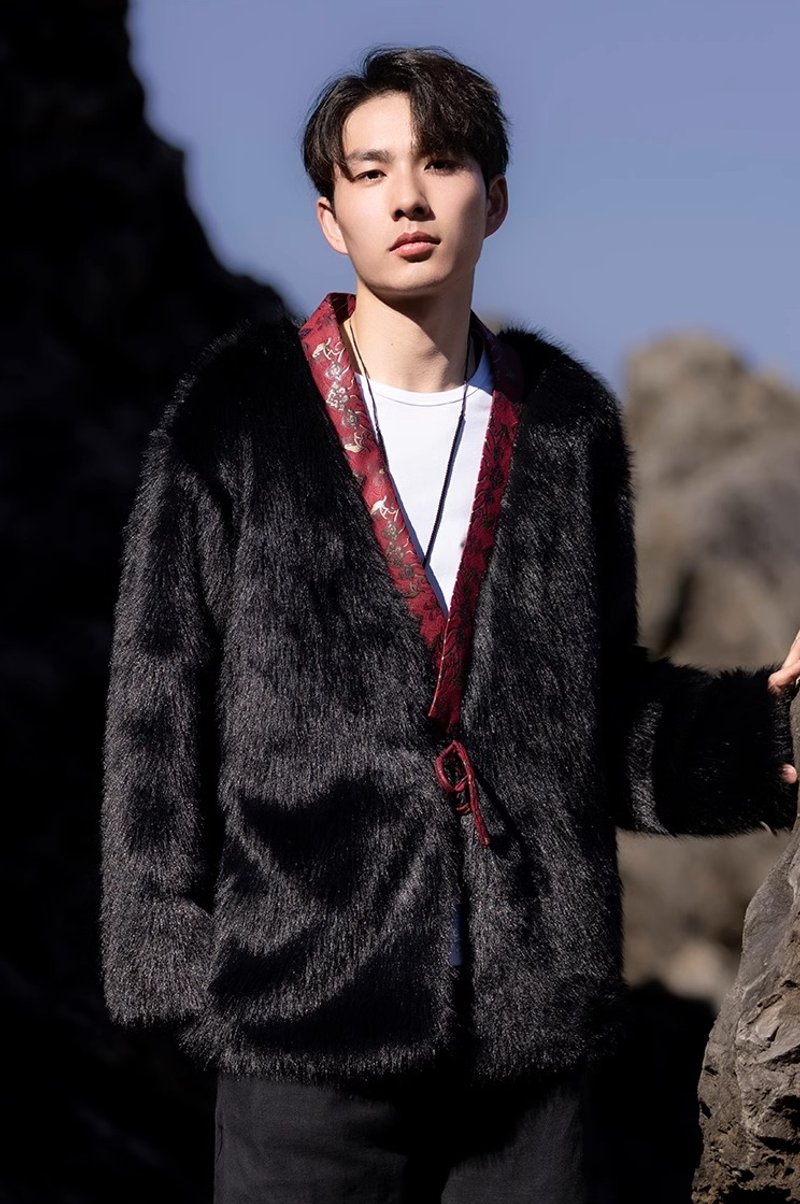 中式复古 毛绒汉服 民族风外套 - 男装外套 - 其他材质 黑色