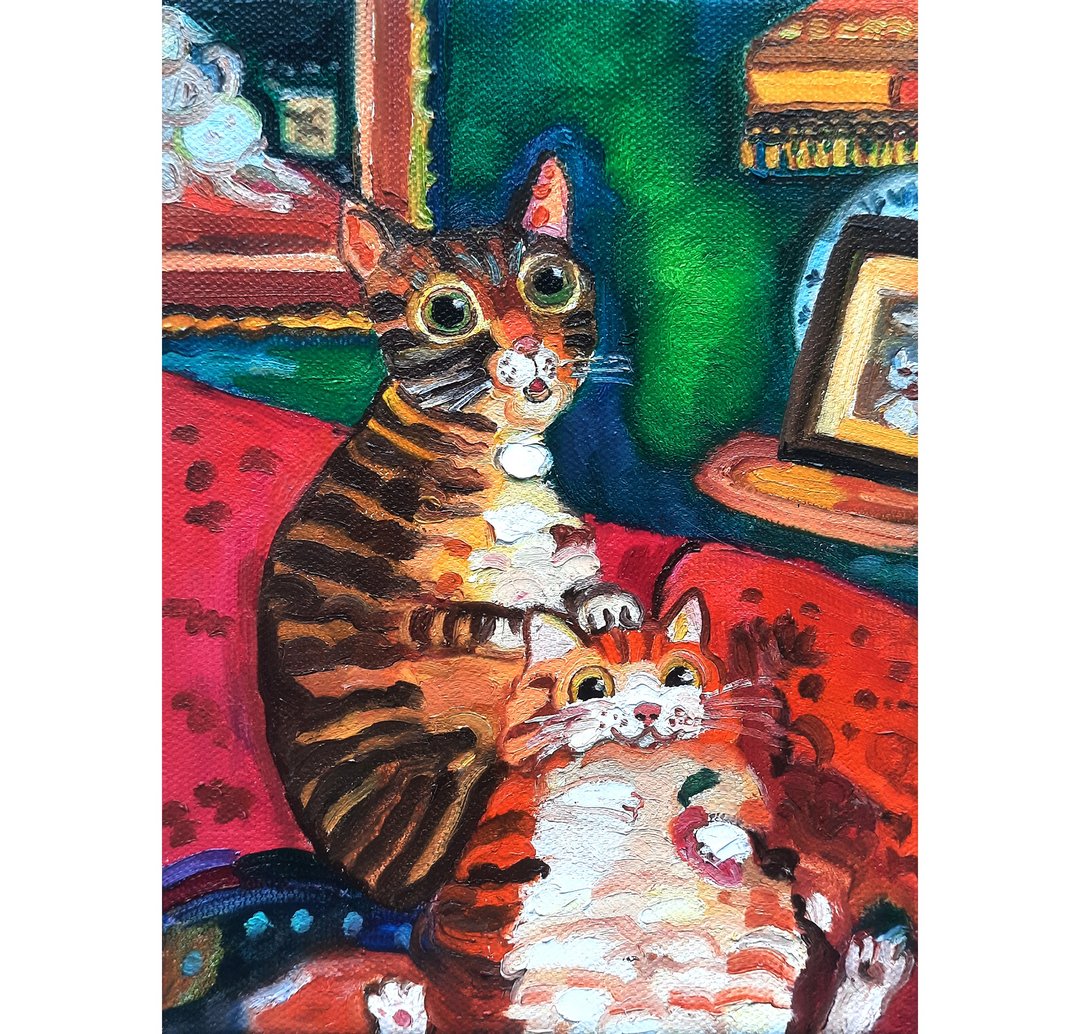 两只猫原创艺术小幅油画，画布尺寸 20 厘米 x 15 厘米 - 墙贴/壁贴 - 其他材质 红色