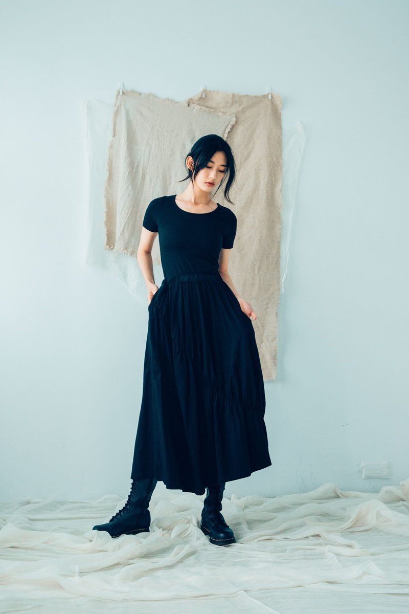 抽皱裙 (黑) Organic Cotton - 裙子 - 棉 黑色