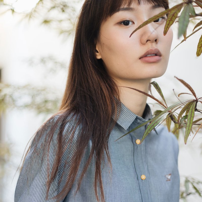 (SOLD) PLANE // dark grey stripe // women long sleeves - 女装衬衫 - 棉．麻 灰色