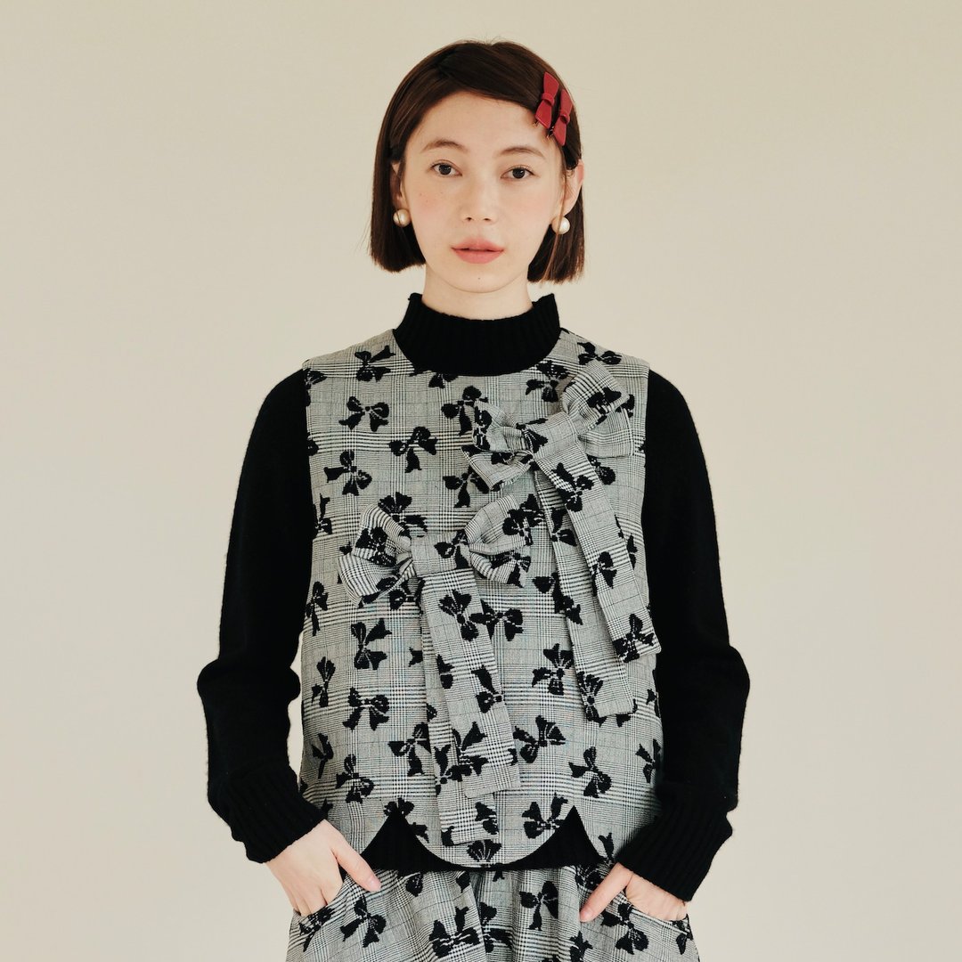 蝴蝶结提花灰色背心 - 女装背心 - 棉 灰色