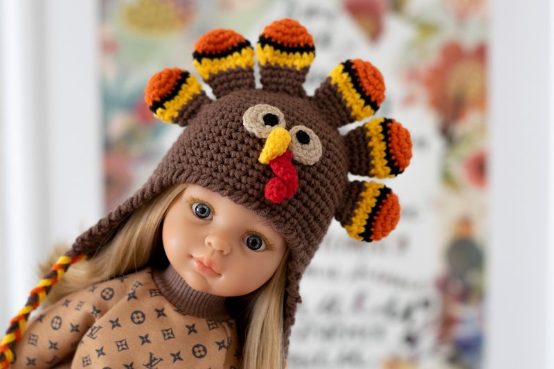 Turkey hat for doll Paola Reina, Siblies, Little Darling, animals hat, 针织帽 - 玩具/玩偶 - 棉．麻 咖啡色