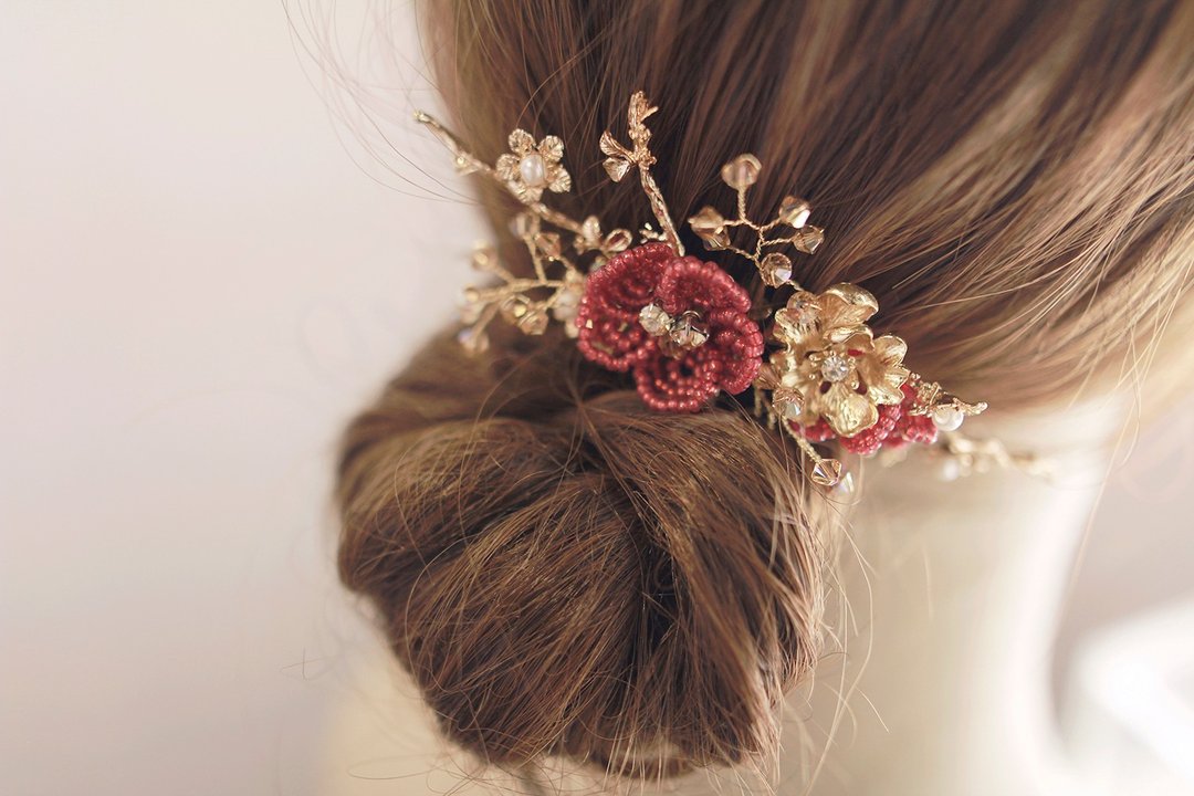 金红色版本-Vintage Headpiece,Bridal Fascinator, 复古新娘花饰 - 发饰 - 其他金属 红色