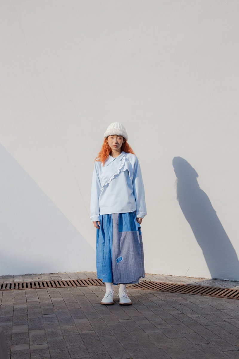 拼布刺绣裙 - 裙子 - 棉．麻 蓝色