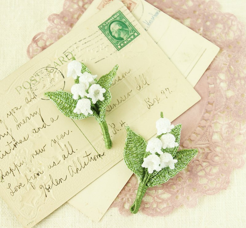 白色 铃兰胸针 钩针编织 柔闪效果 5花3叶 特别版 - 胸针 - 棉．麻 白色