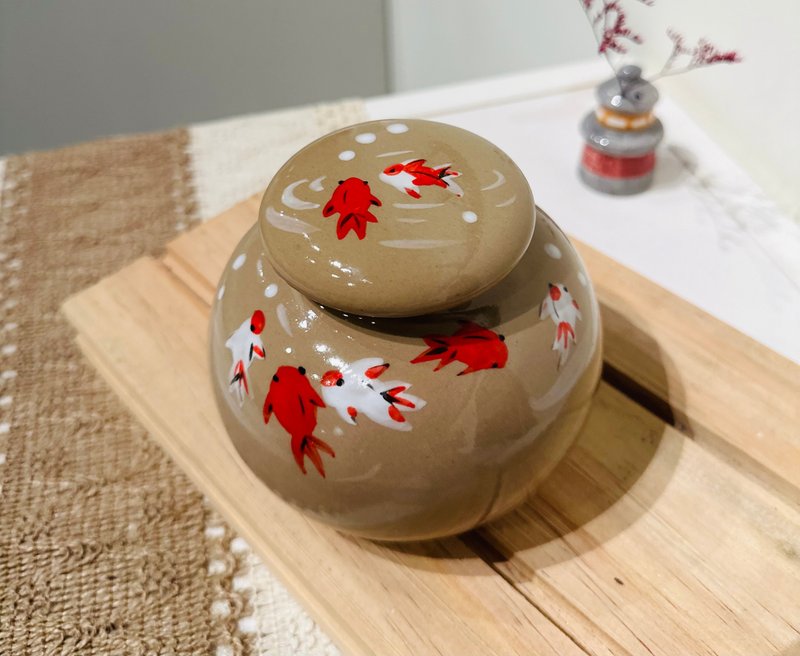 手工绘制  丰庆有余 年年有鱼茶仓 陶罐 茶叶罐 保存罐 陶瓷密封 - 茶具/茶杯 - 陶 咖啡色