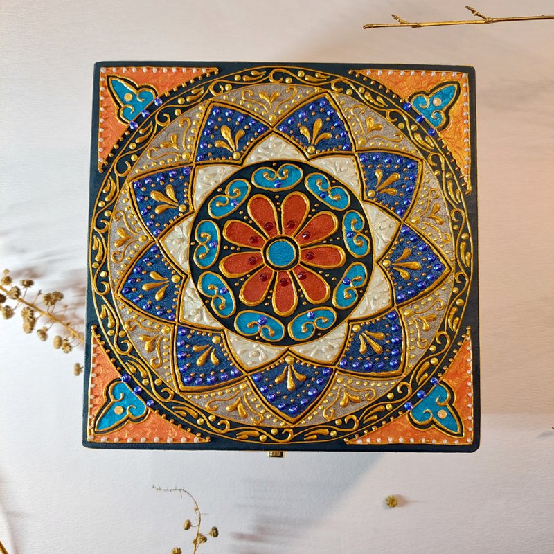 雕花手绘正方形珠宝盒/HENNA/曼陀罗/民族风 - 摆饰 - 木头 蓝色