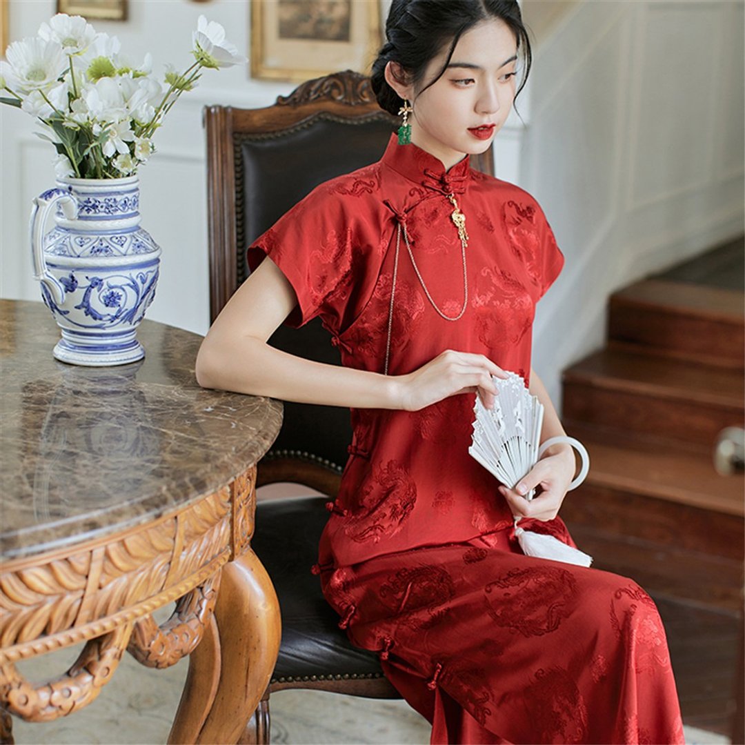 石榴紅色 鳳求凰 全開襟緞面結婚 婚禮旗袍 復古改良新中式洋裝 - 旗袍 - 聚酯纤维 红色