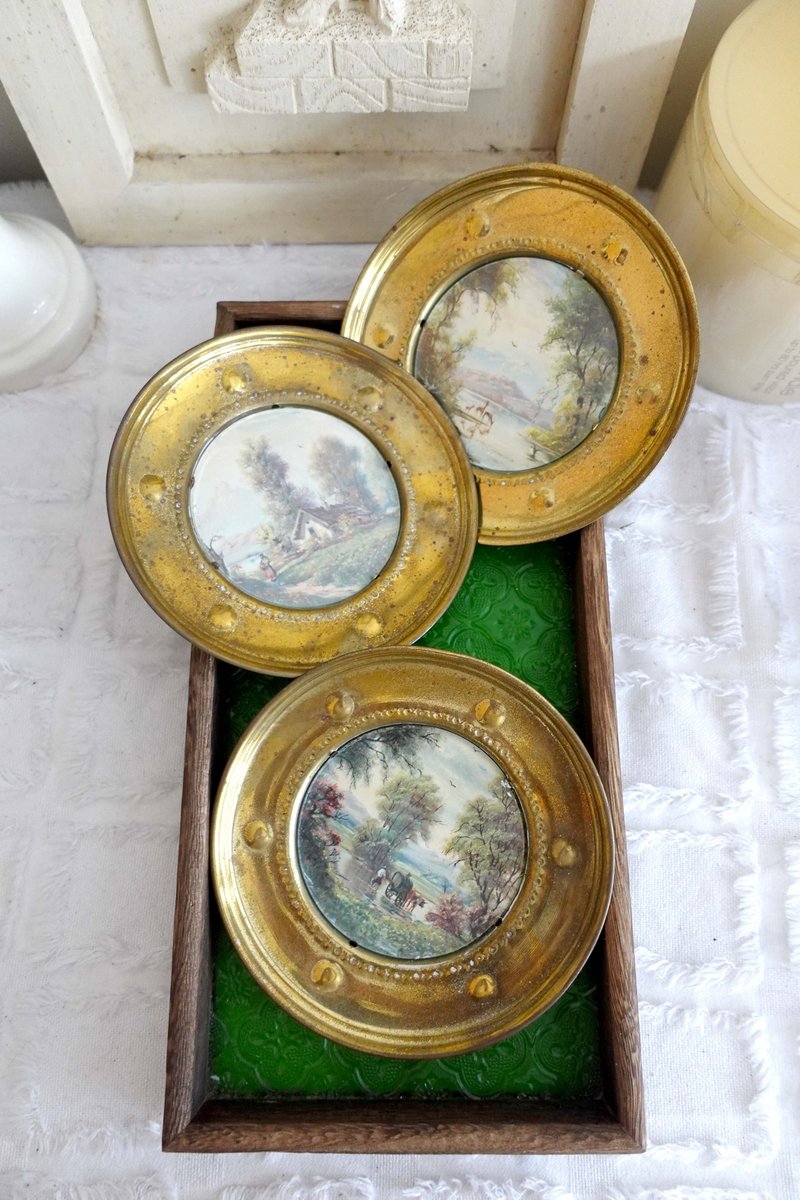 古董级 美国黄铜圆型玻璃片挂墙相架摆设 老旧味道可翻新 - 画框/相框 - 铜/黄铜 金色