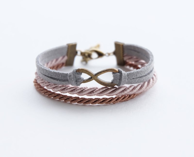 Brass infinity in Gray suede Light brown Cinnamon rope - 手链/手环 - 其他材质 咖啡色