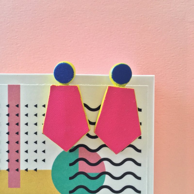 节日礼物 几何配色皮革耳环 纯银耳针 - 耳环/耳夹 - 真皮 粉红色