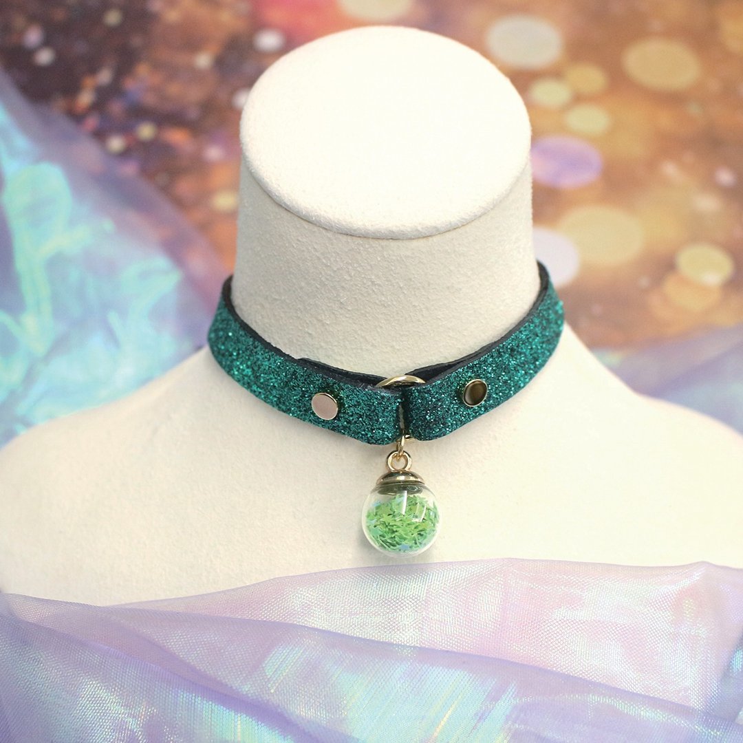 Starry Sky 许愿球铬绿色 Choker –细款 - 项链 - 真皮 绿色