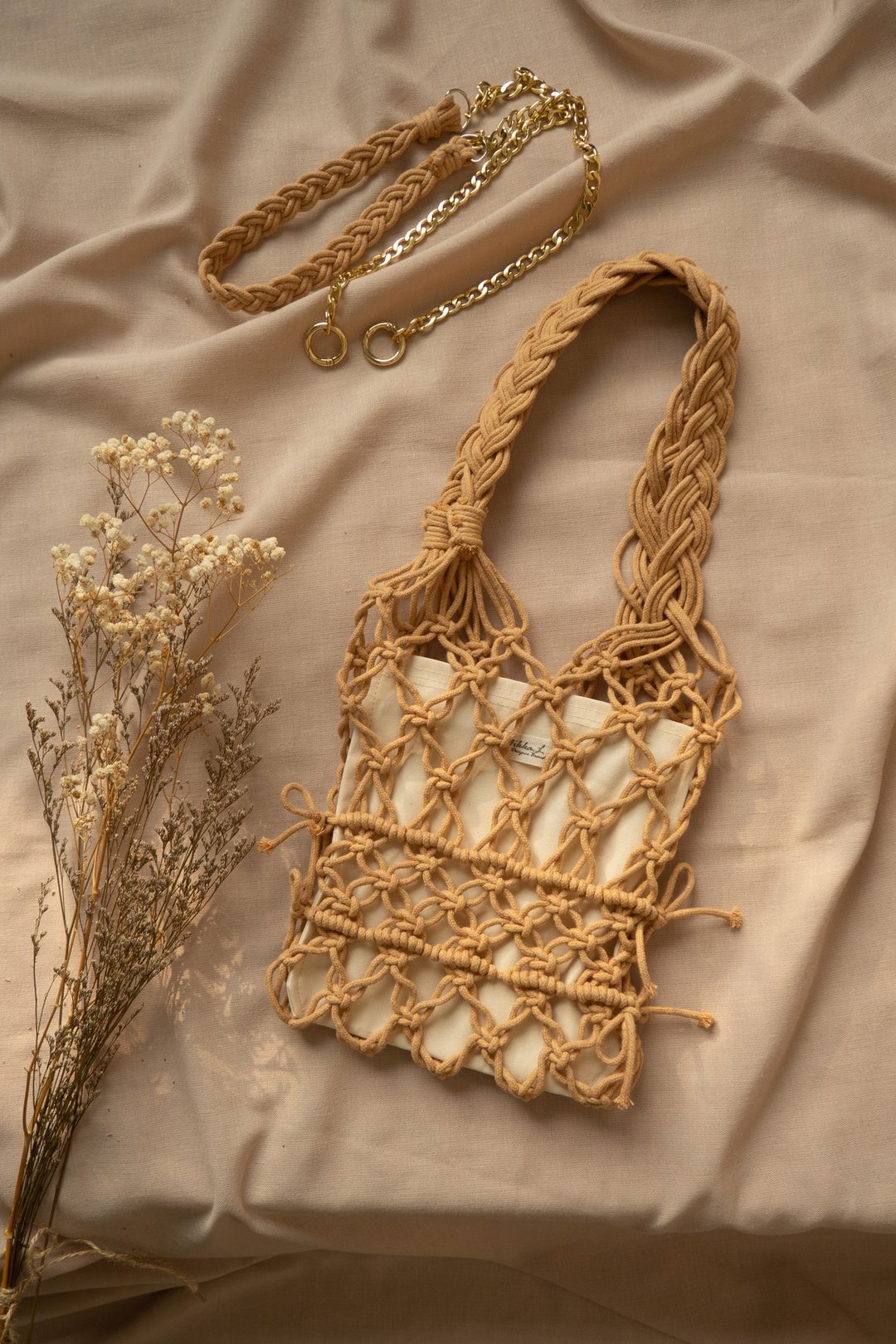 波希米亚 手工编织镂空通花手拿包 皮革色 Macrame Bag - 侧背包/斜挎包 - 棉 橘色