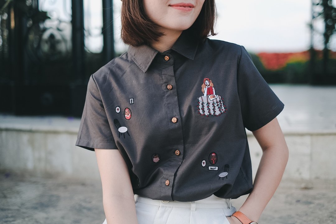 Goldilocks 金发公主 炭灰色牛津棉质刺绣衬衫 S/M - 女装衬衫 - 棉．麻 灰色