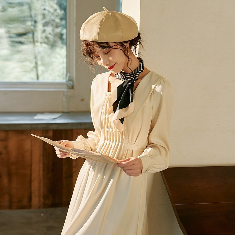 法式方領連衣裙 簡約百搭 春季長袖女洋裝 - 洋装/连衣裙 - 其他材质 白色