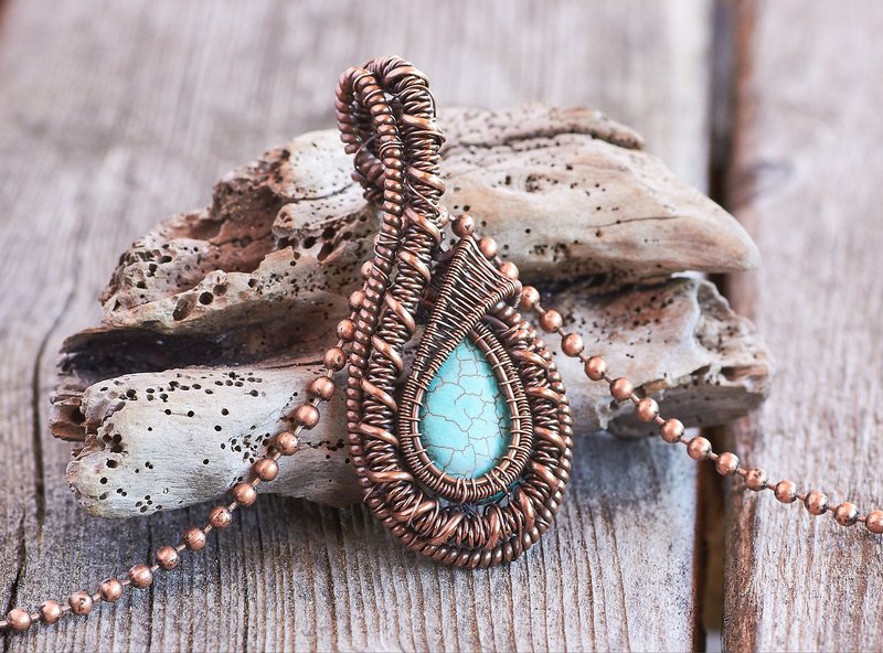 Turquoise Wire Wrap Pendant Heady Pendant Unisex Pendant - 项链 - 宝石 蓝色