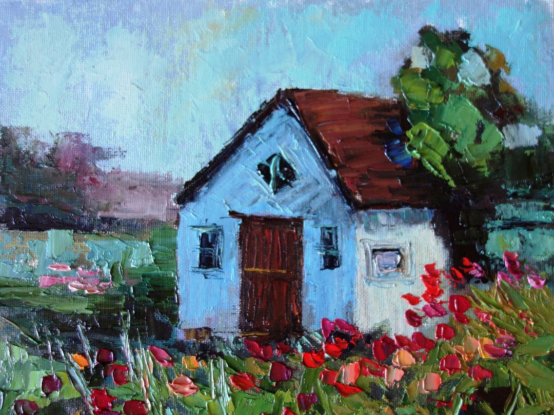 Village Painting Oil Rural Original Art 油畫原作 Summer Meadow Landscape Artwork - 海报/装饰画/版画 - 颜料 多色