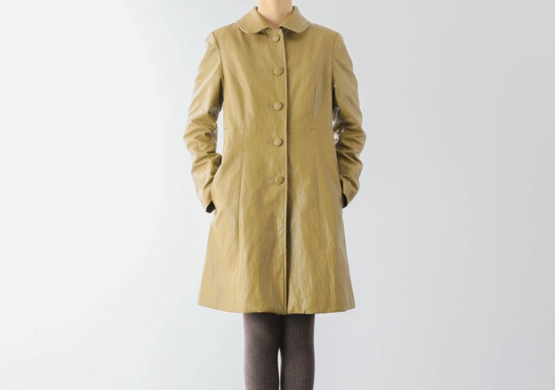 法式复古 利落线条免洗PU皮质风衣外套 - 女装上衣 - 其他材质 黄色