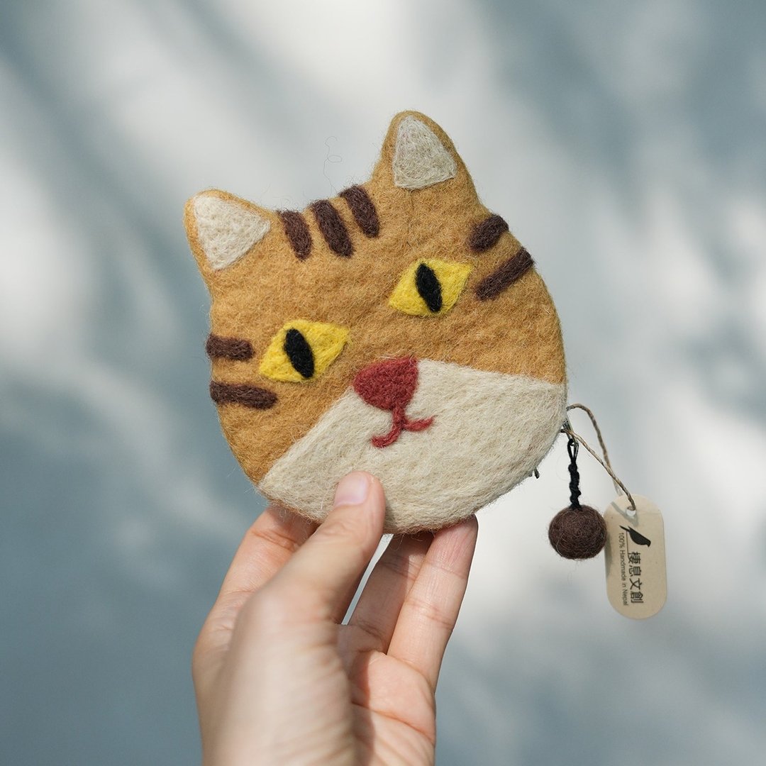 100% Wool 橘猫羊毛毡收纳包 零钱包 耳机包_公平贸易 - 零钱包 - 羊毛 橘色