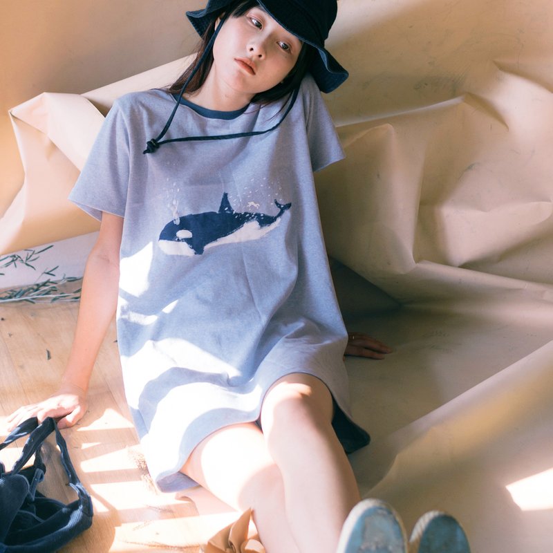 Whale  / T-shirt Dress // Light Blue - 女装 T 恤 - 棉．麻 蓝色