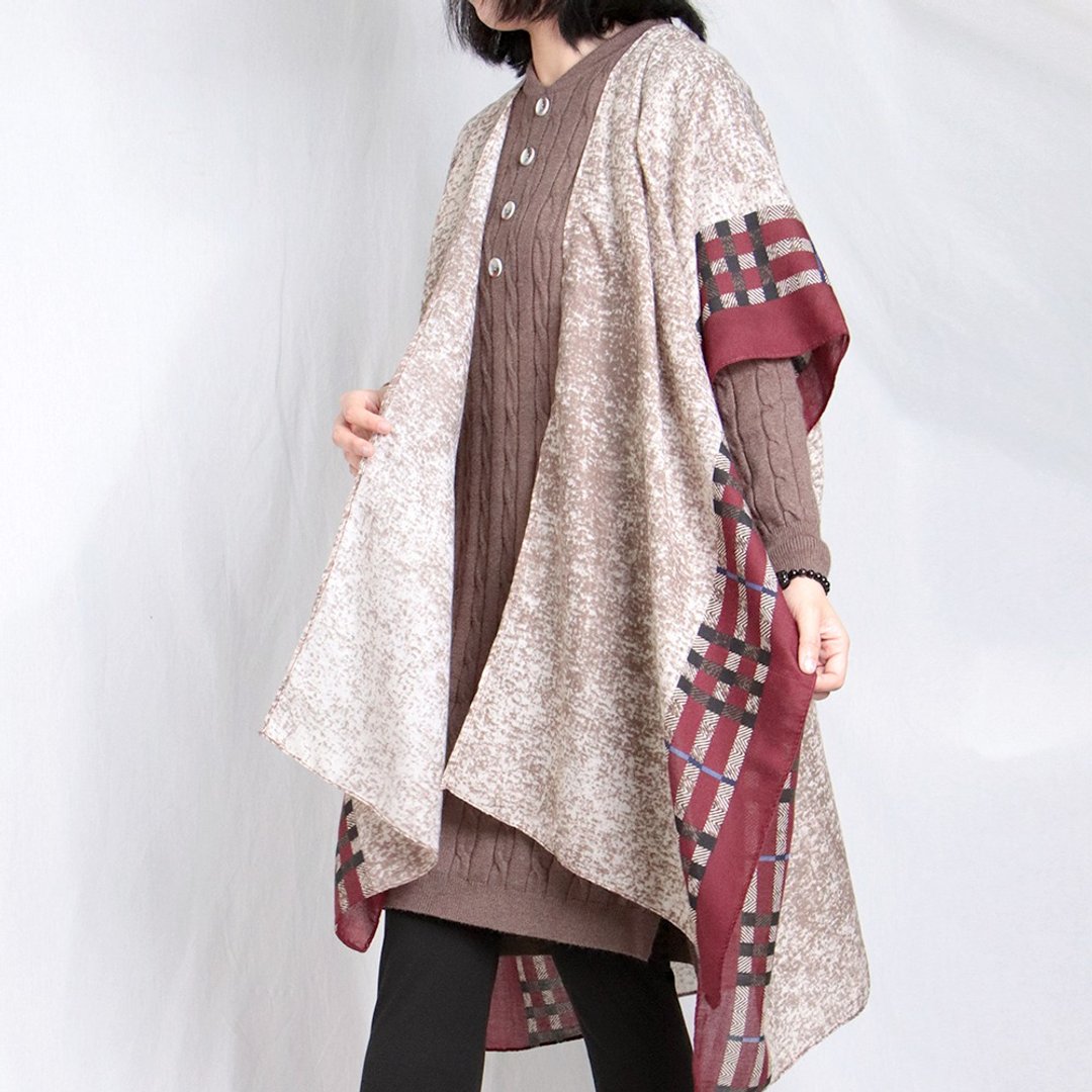 【Women's Day New Arrival】深红格子印花薄长外罩#A31 - 围巾/披肩 - 棉 红色