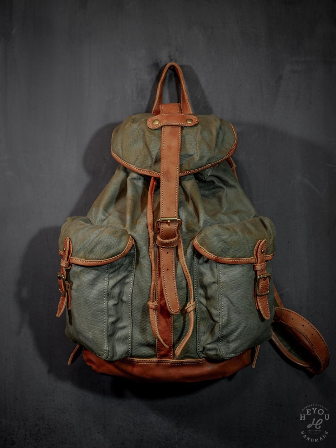 Distressed Canvas Leather Backpack 复古后背包- 橄榄橘 - 后背包/双肩包 - 其他材质 多色