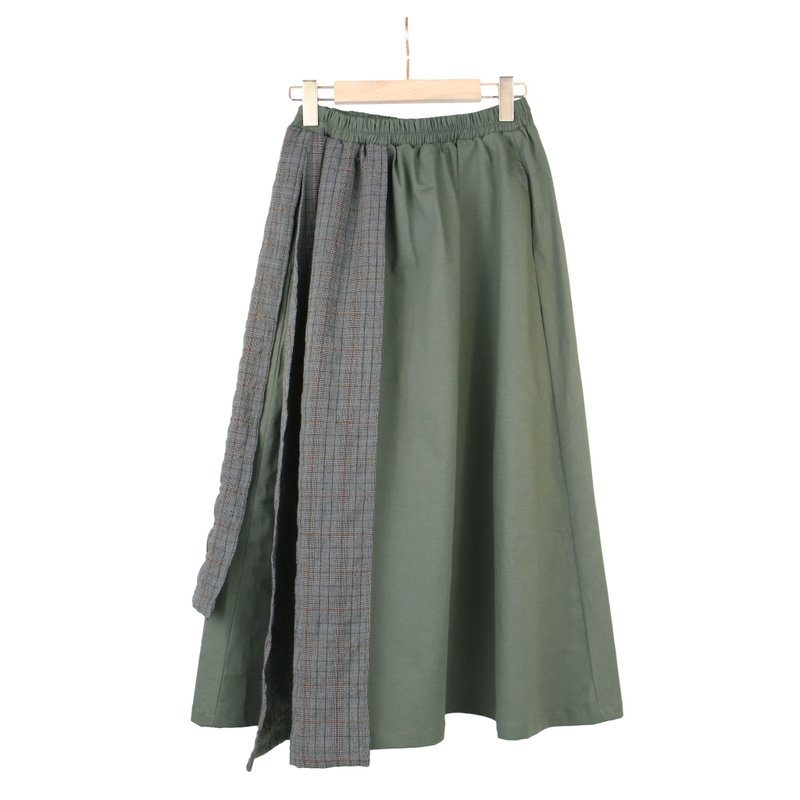 绿/灰格 - 前后片拼接长裙 #U6039 - 裙子 - 棉．麻 绿色