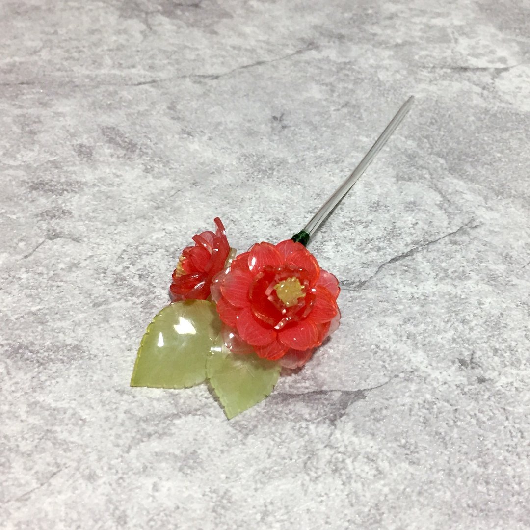 【若桑】【椿】古典美人。山茶花发簪。Camellia。手造。日本树酯。典雅/古典/和风发簪/和服发饰 - 发饰 - 其他材质 红色