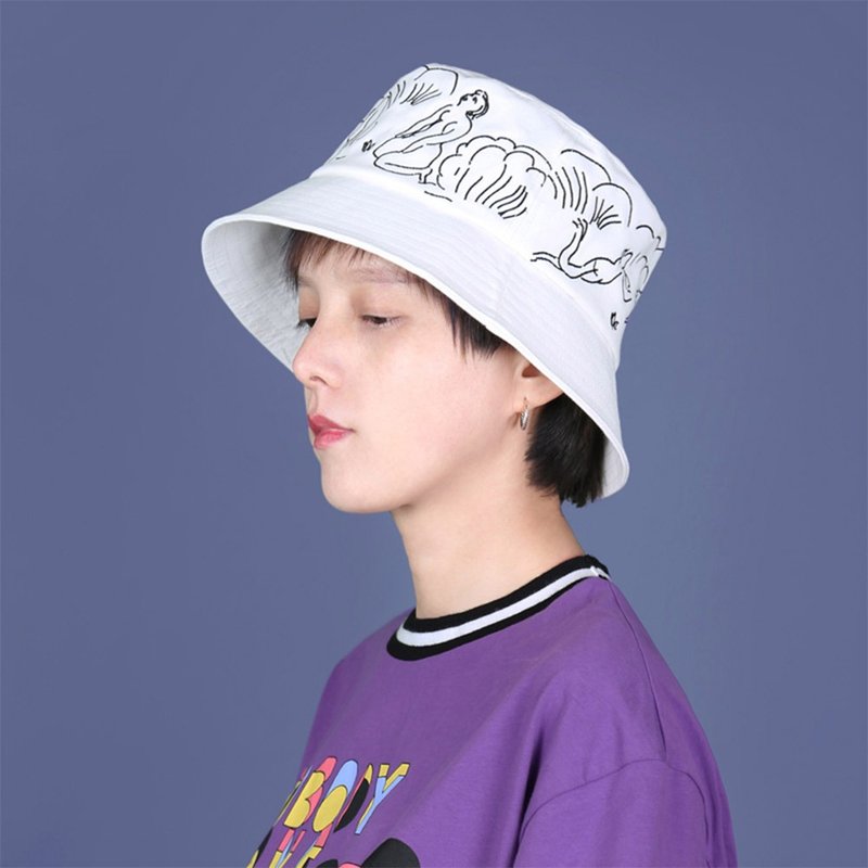 【旅行|畢業禮物】刺绣渔夫帽防晒遮阳帽休闲短檐平顶盆帽子 - 帽子 - 其他材质 