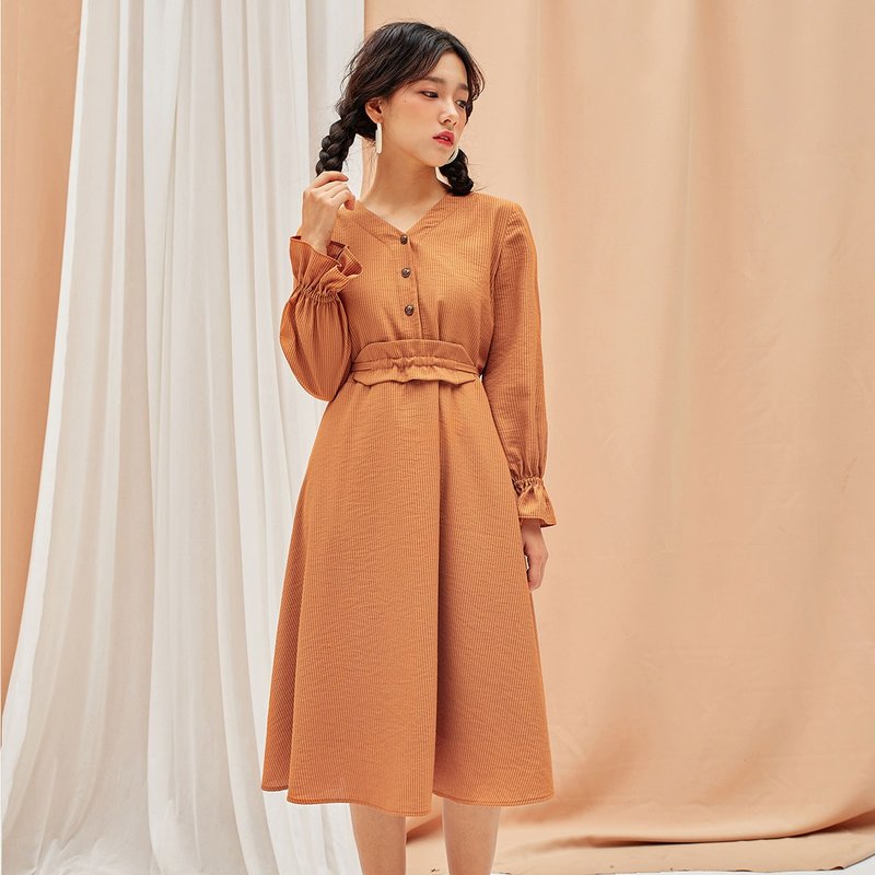 安妮陈2017秋装新款腰带系带连身裙洋装 - 洋装/连衣裙 - 纸 橘色