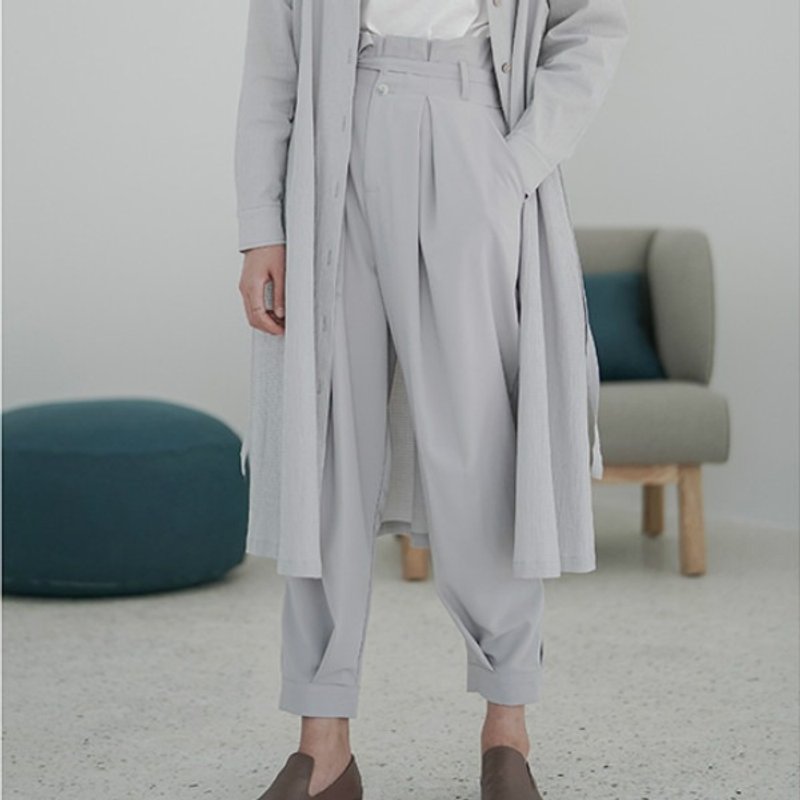 灰绿色 穿越大吉岭 花苞式遮肉的高腰系带哈伦裤 宽松显瘦束口裤 - 女装长裤 - 聚酯纤维 灰色