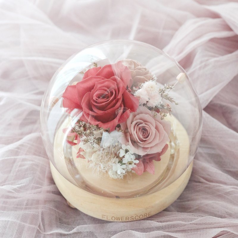 永生玫瑰玻璃圆夜灯 -豆沙色 - 干燥花/捧花 - 植物．花 