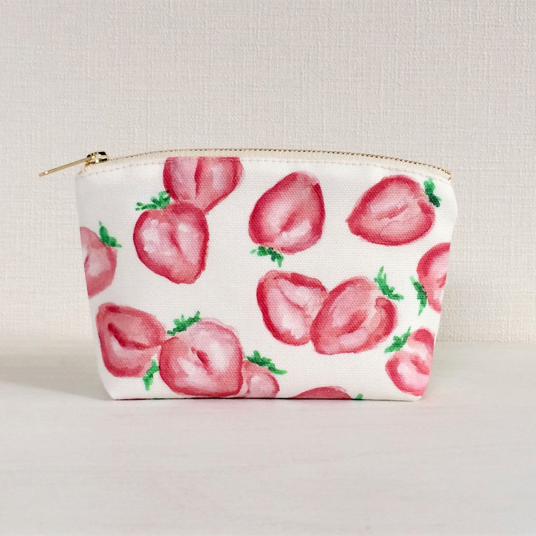 Fruit garden pouch with round gore Strawberry - 化妆包/杂物包 - 棉 粉红色