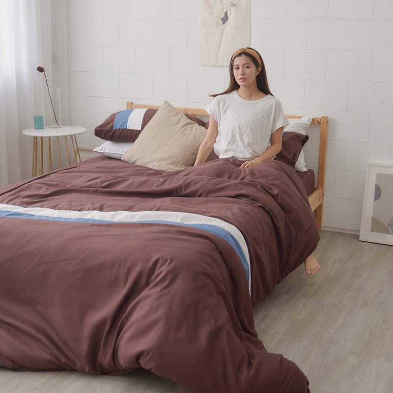 新丝柔简约拼接文青风床包+枕套+被套组-咖 - 寝具 - 聚酯纤维 多色