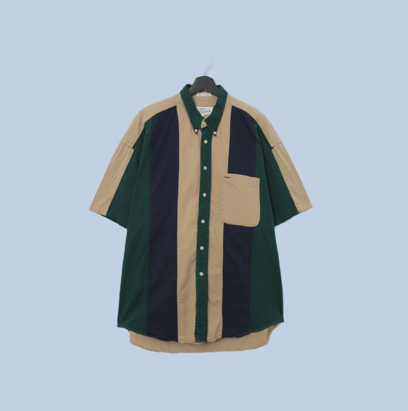 Back to Green-撞色短袖衬衫 卡其色连绿拼接 vintage shirt - 男装衬衫 - 棉 
