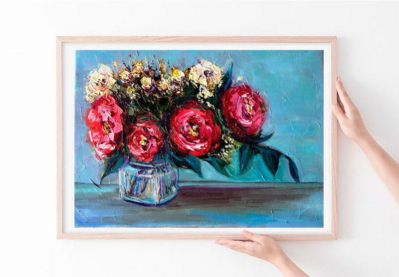 Roses Flowers Painting Oil Abstract Floral Original Art  Impasto Artwork - 海报/装饰画/版画 - 颜料 多色
