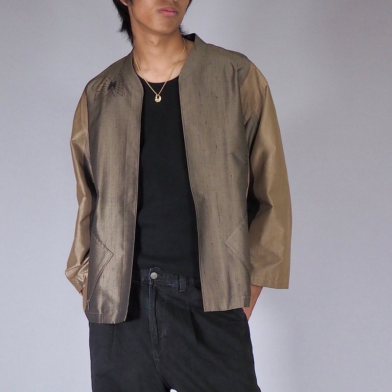 【日本制造】复古和服翻拍、长袖衬衫男、浅夹克 - 中性连帽卫衣/T 恤 - 丝．绢 卡其色